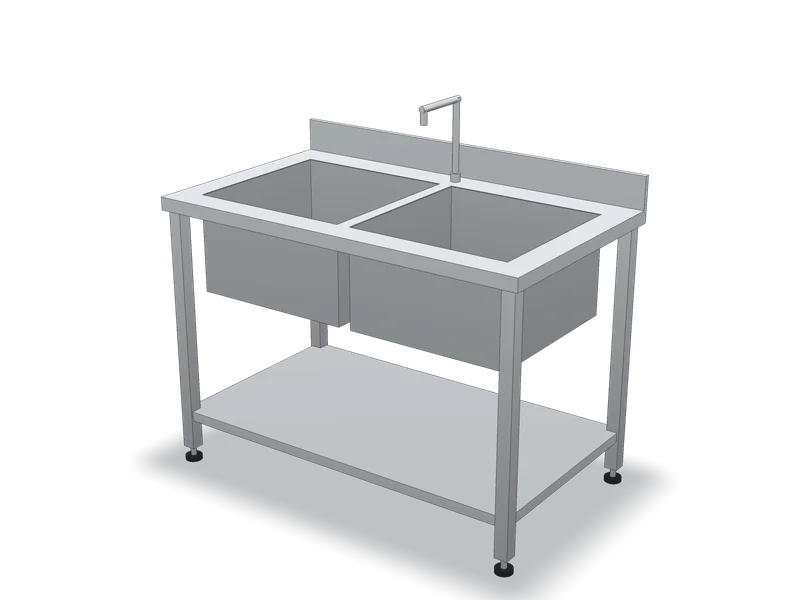 Spălător inox cu două cuve, model 3D