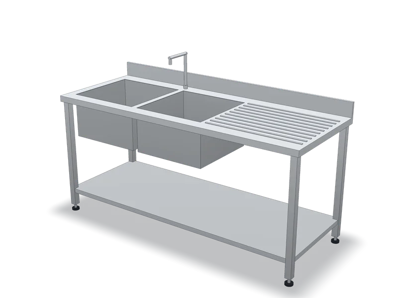 Spălător inox cu două cuve și picurător, model 3D