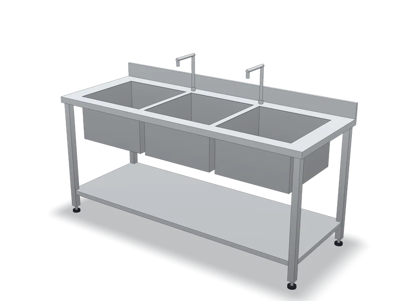 Spălător inox cu trei cuve, model 3D
