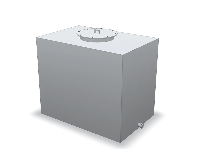 Model 3D al unei cisterne dreptunghiulare din inox, închisă, cu gură de vizitare