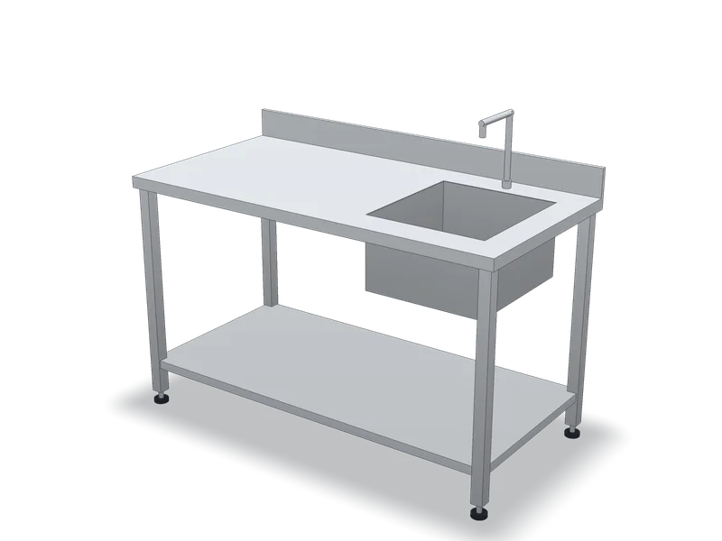 Masă inox cu chiuvetă (cuvă) și rebord, model 3D