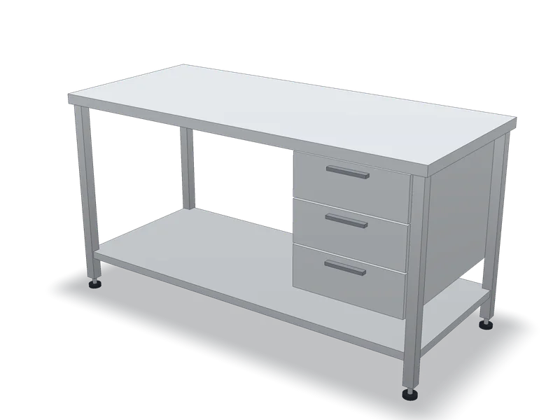 Masă de lucru inox cu sertare, model 3D