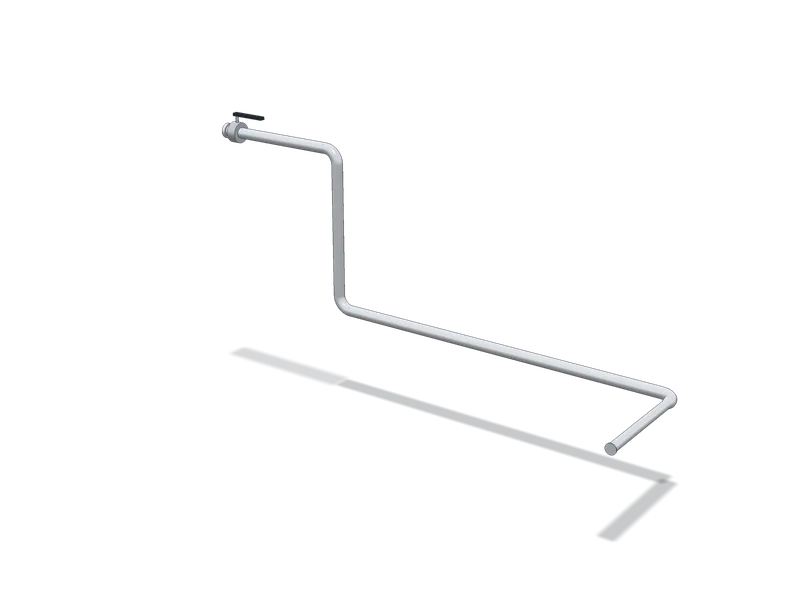 Model 3D orientativ al unui traseu din țeavă inox de la un rezervor la o pompă, cu robinet fluture și reducție